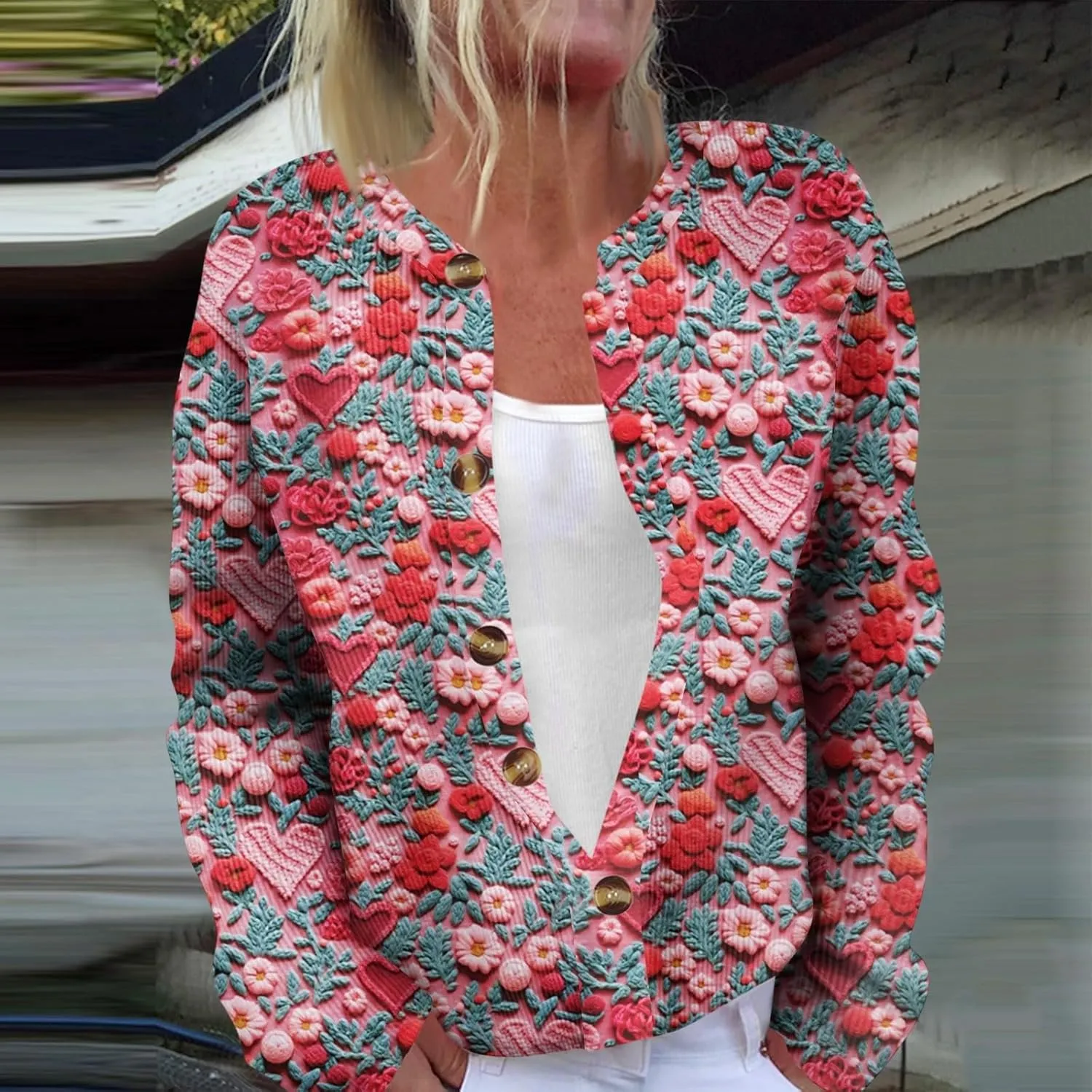 Women's Cute Cardigan Sweater Love Heart Button Down Long Sleeve Tops Lightweight Open Front Cardigan Graphic