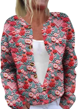 Women's Cute Cardigan Sweater Love Heart Button Down Long Sleeve Tops Lightweight Open Front Cardigan Graphic