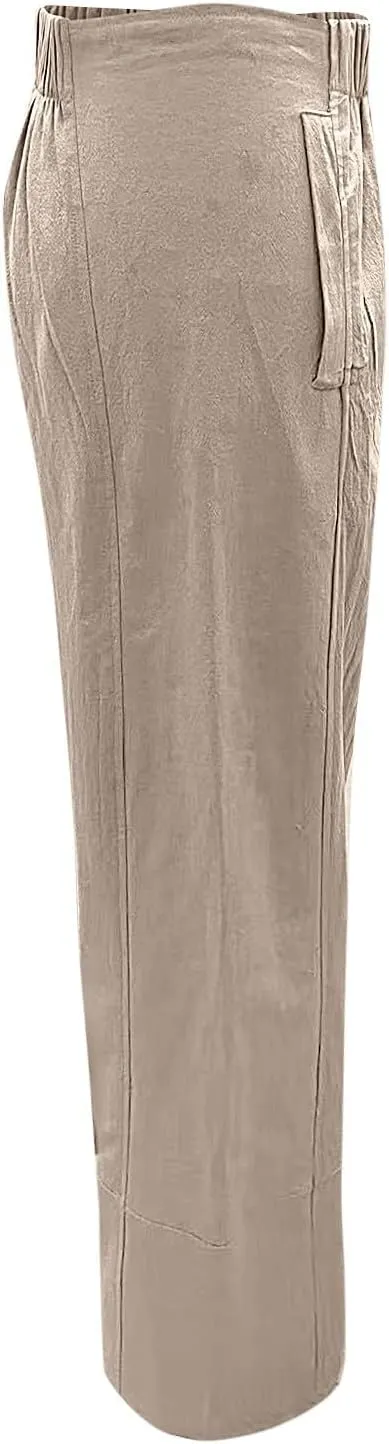 Womens Daily Elastic Waist Pockets Straight Solid Color Casual Pants Loose Long Trousers Women Pants