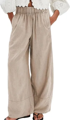 Womens Daily Elastic Waist Pockets Straight Solid Color Casual Pants Loose Long Trousers Women Pants