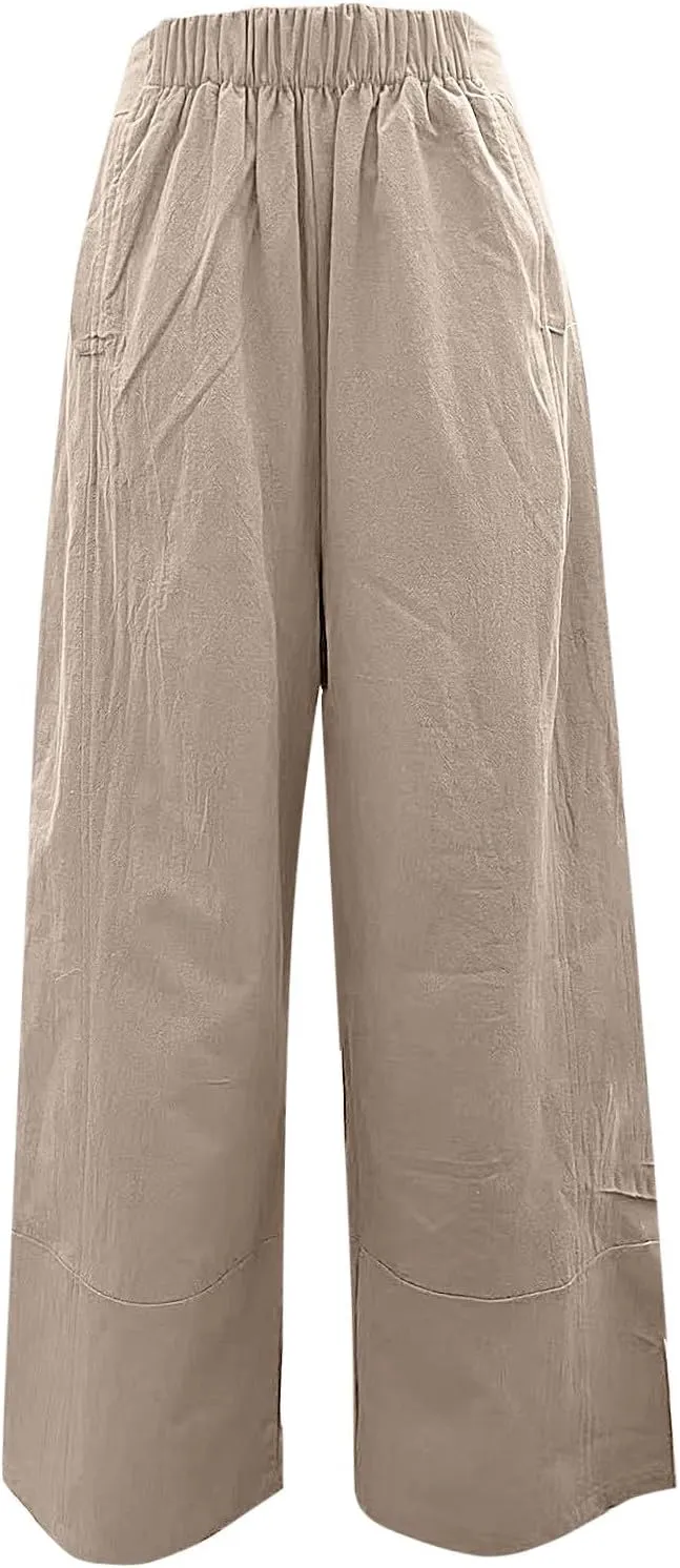 Womens Daily Elastic Waist Pockets Straight Solid Color Casual Pants Loose Long Trousers Women Pants
