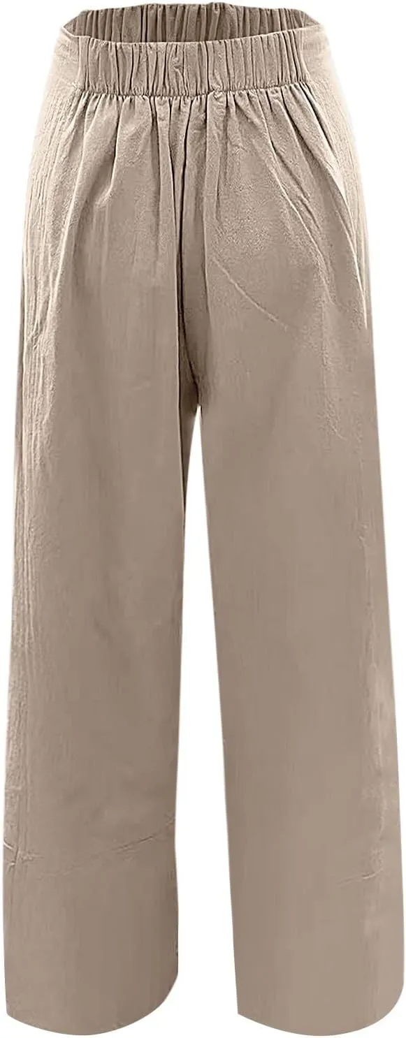 Womens Daily Elastic Waist Pockets Straight Solid Color Casual Pants Loose Long Trousers Women Pants