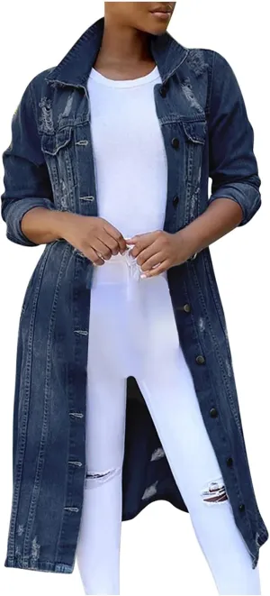 Womens Denim Trench Long Jacket Loose Plus Size Cowgirl High Neck Outerwear Thin Vintage Winter Fall Coat for Women