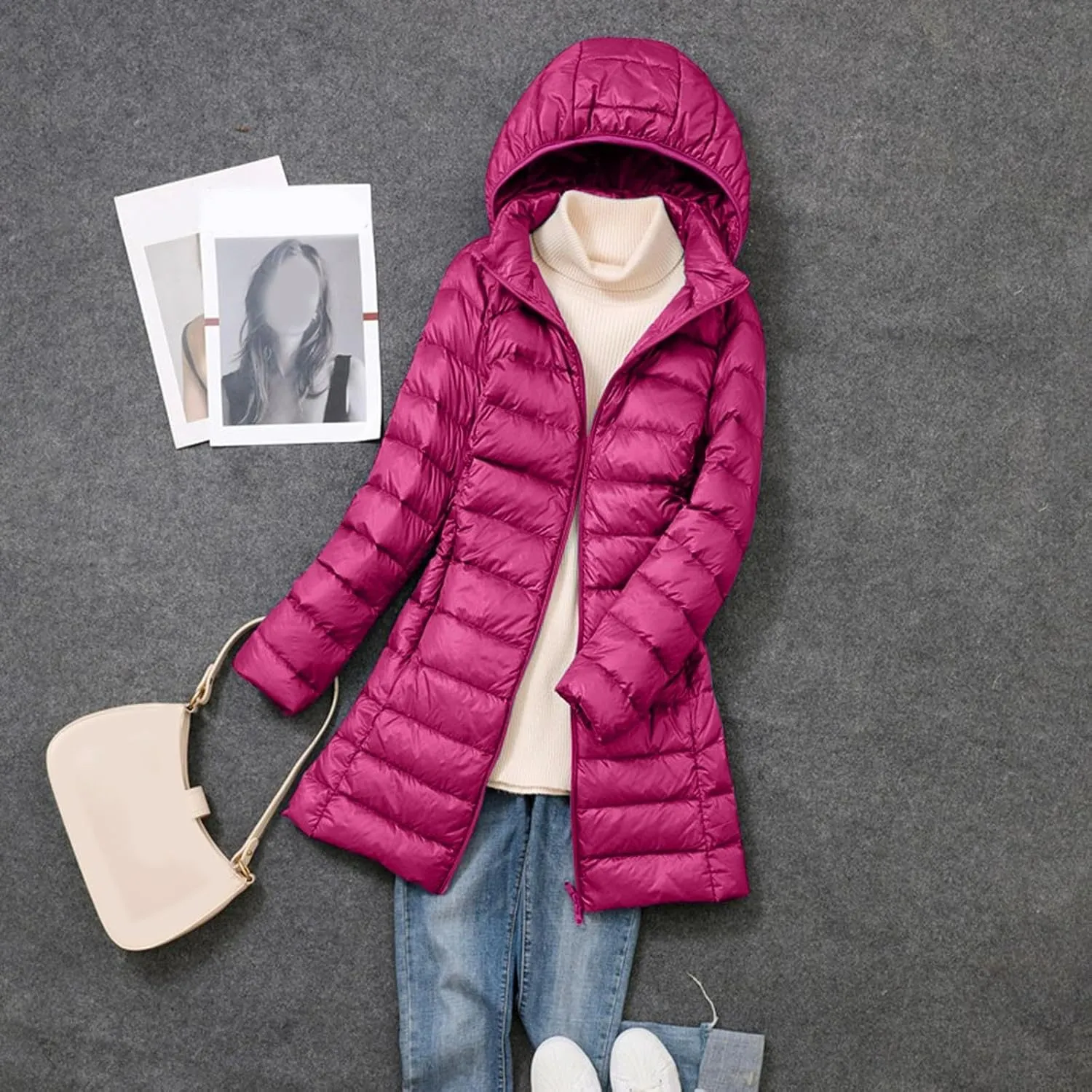 Women's Down Jacket Hooded Windproof Puffer Coat Packable Warm Winter Jacket Lightweight Ladies Parka Zipper Winter Autumn