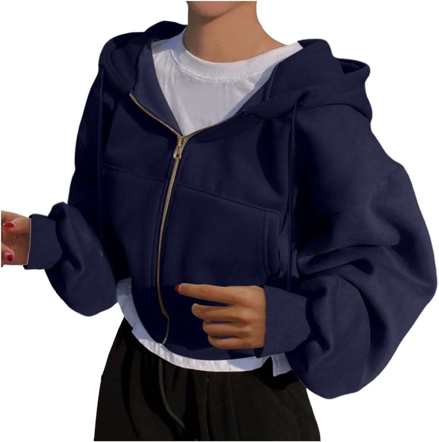Women's Drawstring Crop Hoodies Full Zip Long Sleeve Short Hooded Sweatshirts Oversized Pullover Tops with Pockets