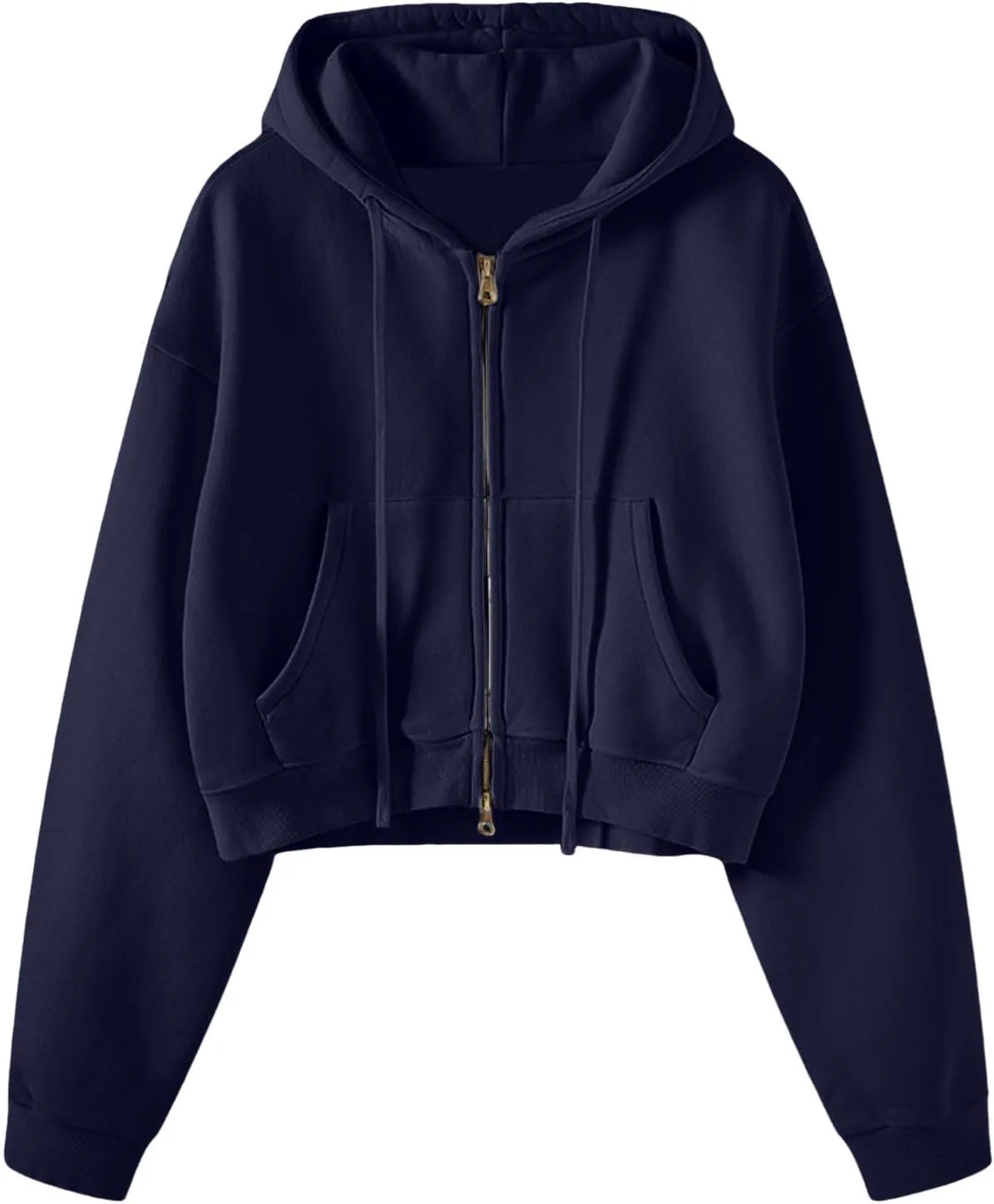 Women's Drawstring Crop Hoodies Full Zip Long Sleeve Short Hooded Sweatshirts Oversized Pullover Tops with Pockets