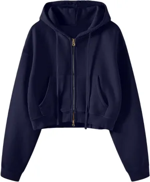Women's Drawstring Crop Hoodies Full Zip Long Sleeve Short Hooded Sweatshirts Oversized Pullover Tops with Pockets