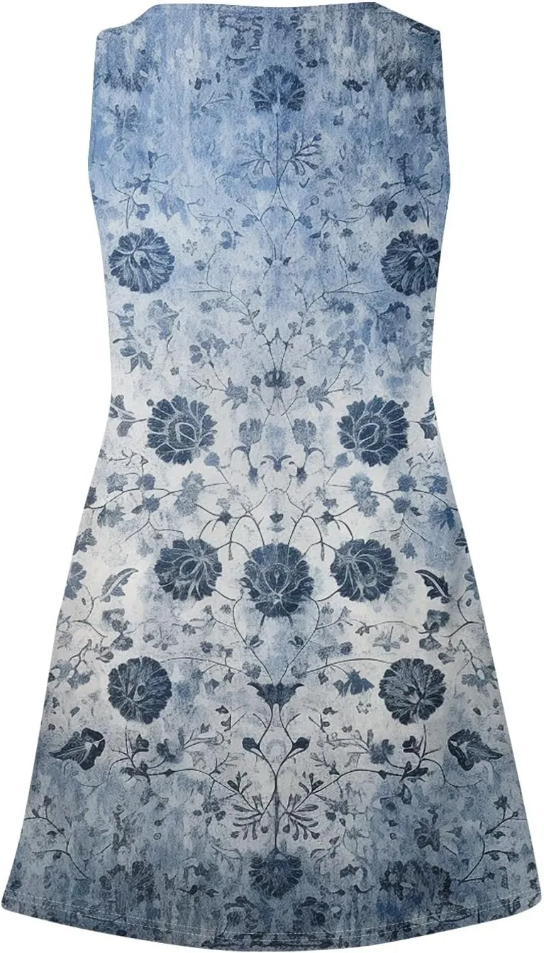 Womens Dress Shirts Summer Sleeveless Tank Dress Sundresses Short Dresses Casual Spring Boho Floral Dresses with Pocket