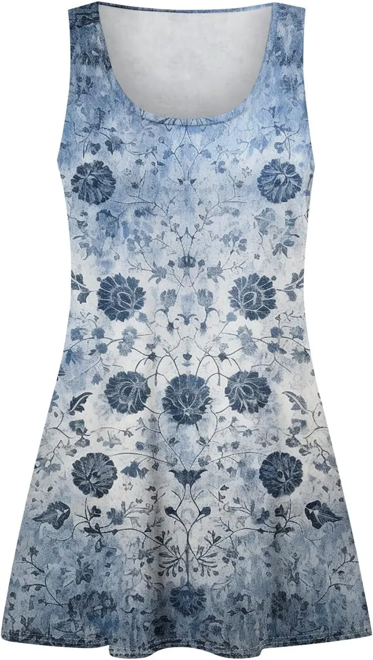 Womens Dress Shirts Summer Sleeveless Tank Dress Sundresses Short Dresses Casual Spring Boho Floral Dresses with Pocket
