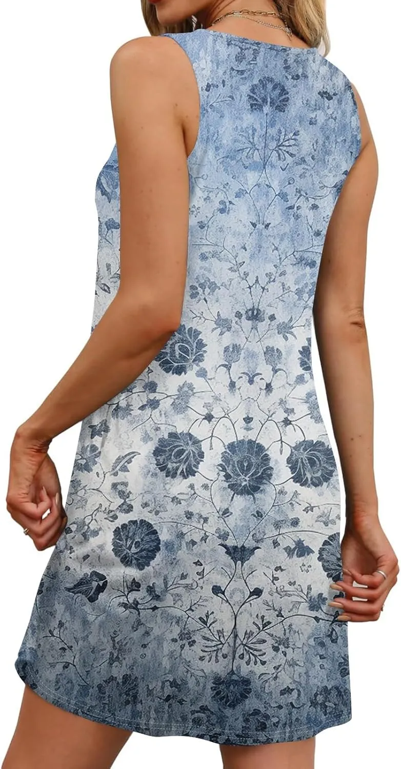 Womens Dress Shirts Summer Sleeveless Tank Dress Sundresses Short Dresses Casual Spring Boho Floral Dresses with Pocket
