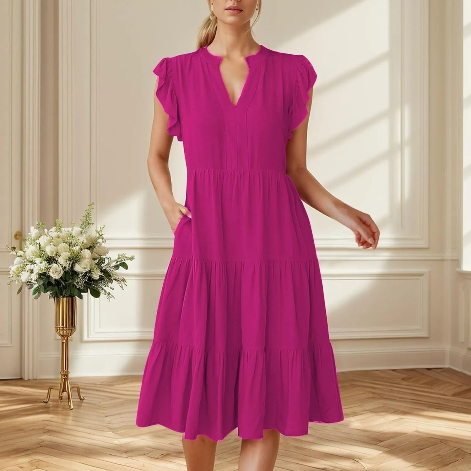 Women's Dresses 2025 Trendy Short Ruffle Sleeve Midi Dress V Neck Above Knee Flowy Tiered Summer Casual Sundress