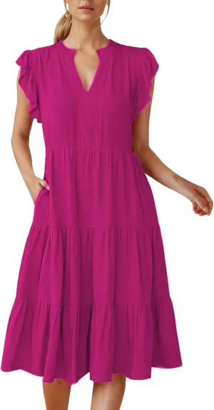 Women's Dresses 2025 Trendy Short Ruffle Sleeve Midi Dress V Neck Above Knee Flowy Tiered Summer Casual Sundress