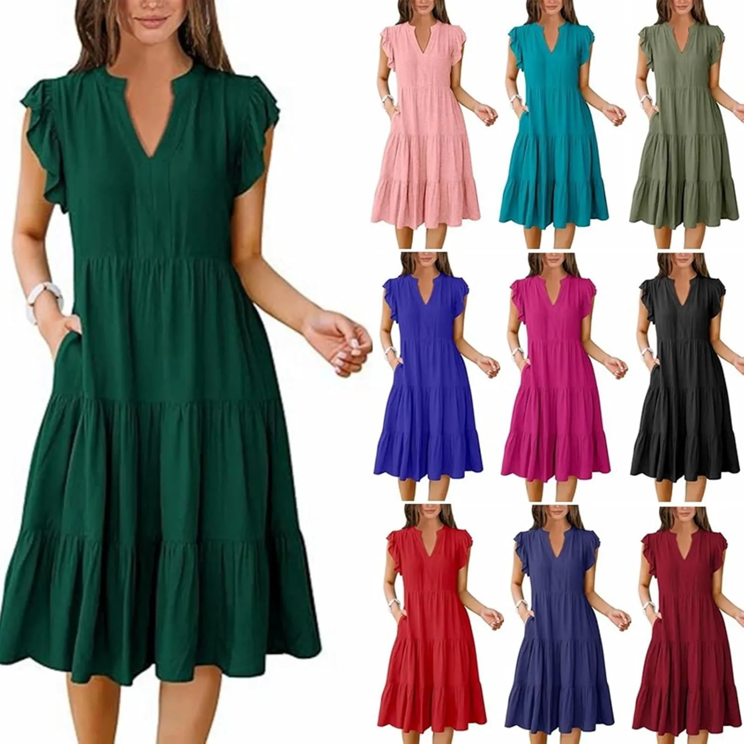 Women's Dresses 2025 Trendy Short Ruffle Sleeve Midi Dress V Neck Above Knee Flowy Tiered Summer Casual Sundress