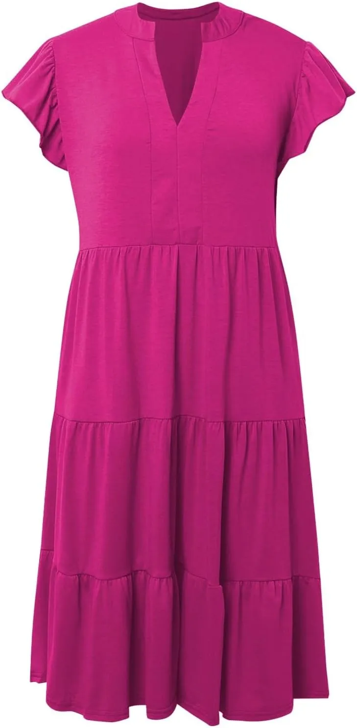 Women's Dresses 2025 Trendy Short Ruffle Sleeve Midi Dress V Neck Above Knee Flowy Tiered Summer Casual Sundress