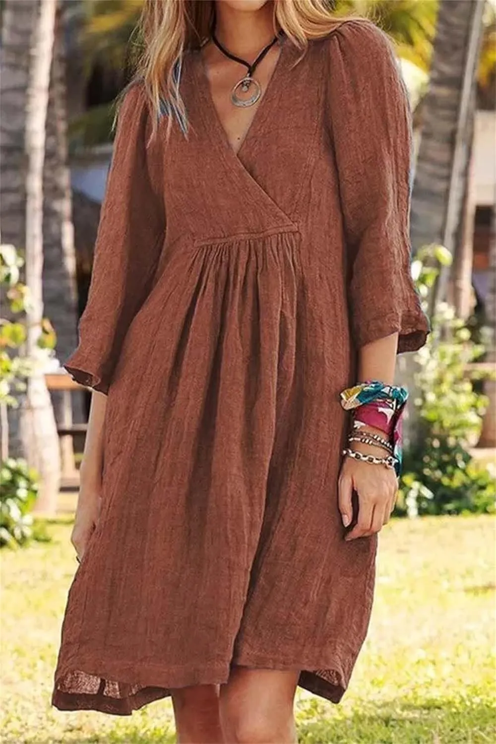 Womens Dresses for Summer Causl 3/4 Sleeve Cotton Linen Dress Loose Tunic Smocked Mini Dress Beach Travel Clothes