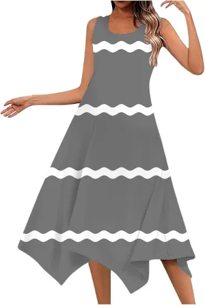 Womens Dresses Sleeveless Handkerchief Hem Long Tank Dress Crew Neck Solid Color Casual Sundress 2025