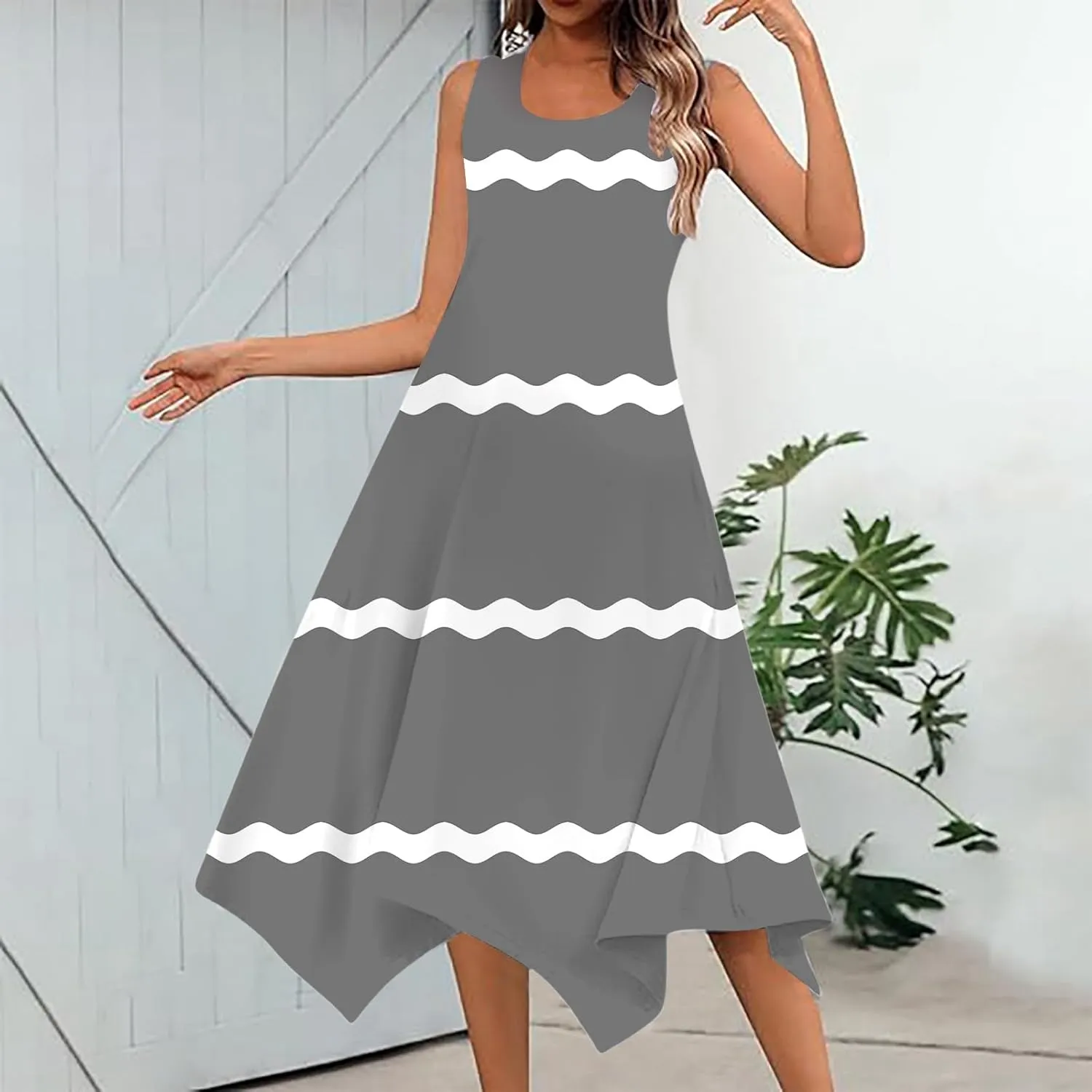Womens Dresses Sleeveless Handkerchief Hem Long Tank Dress Crew Neck Solid Color Casual Sundress 2025