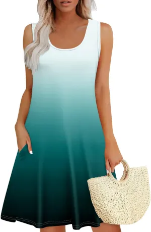 Womens Dresses Spring Tank Dress Cute Sundresses Sleeveless A-Line Dress Summer Beach Cover Up Midi Dress with Pocket