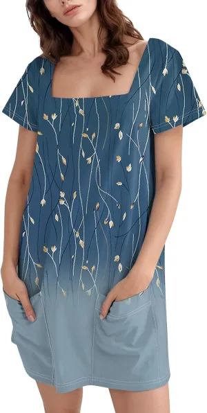 Women's Dresses Summer Square Neck Mini Dress Party Short Sleeve Flowy T-Shirt Dress for Women Cotton with Pockets