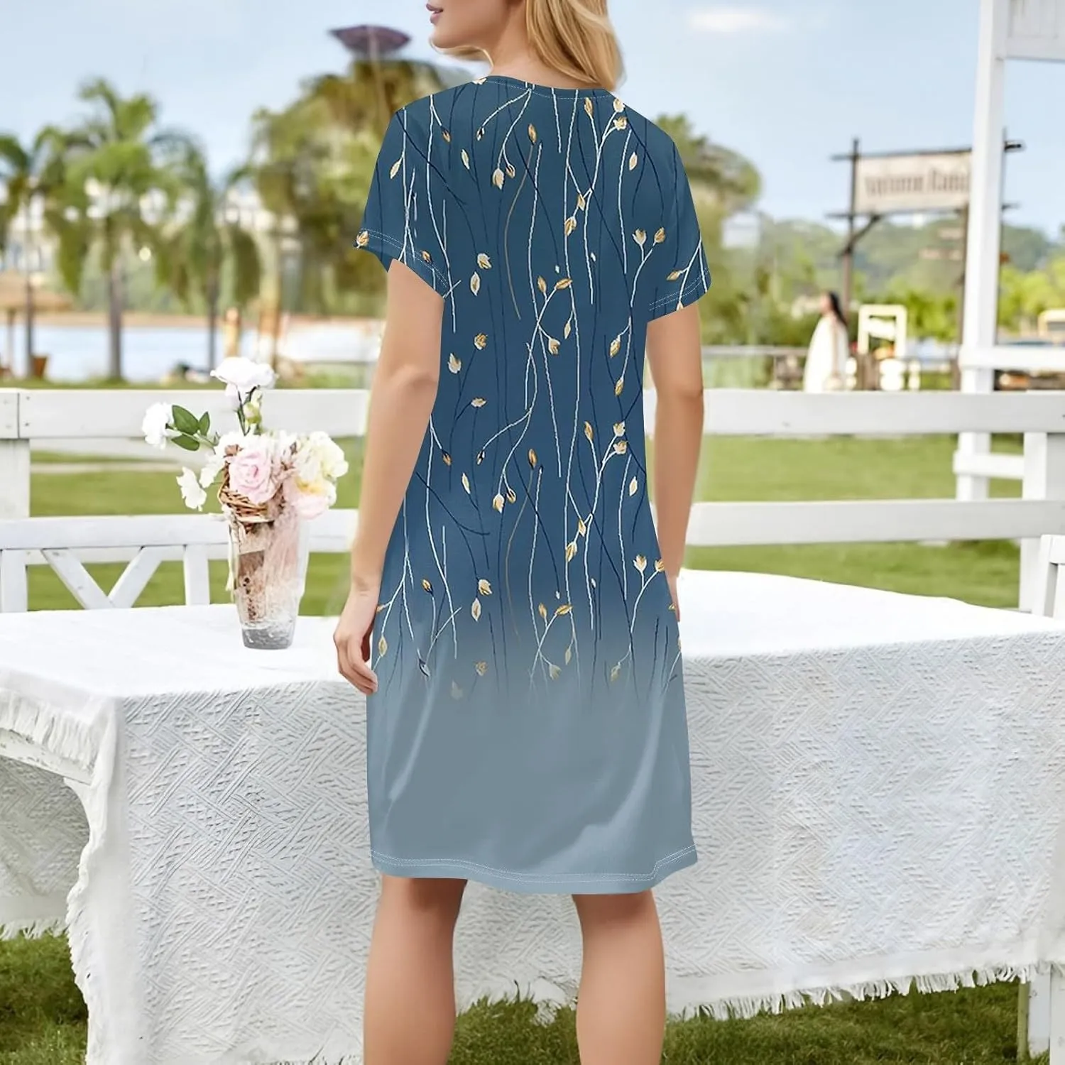Women's Dresses Summer Square Neck Mini Dress Party Short Sleeve Flowy T-Shirt Dress for Women Cotton with Pockets
