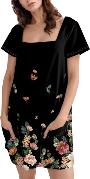 Women's Dresses Summer Square Neck Mini Dress Party Short Sleeve Flowy T-Shirt Dress for Women Cotton with Pockets