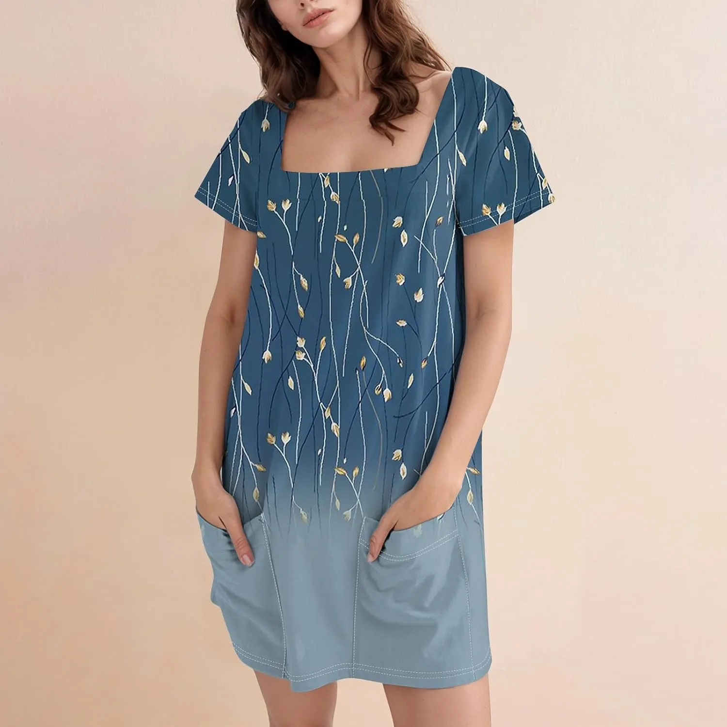 Women's Dresses Summer Square Neck Mini Dress Party Short Sleeve Flowy T-Shirt Dress for Women Cotton with Pockets