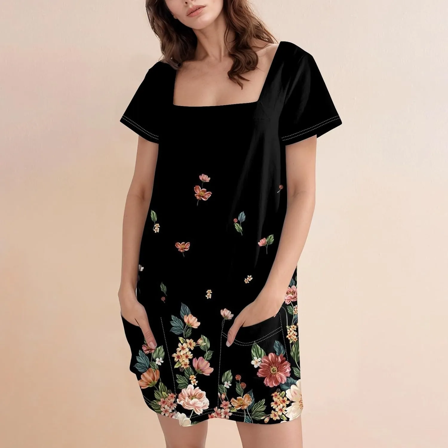 Women's Dresses Summer Square Neck Mini Dress Party Short Sleeve Flowy T-Shirt Dress for Women Cotton with Pockets
