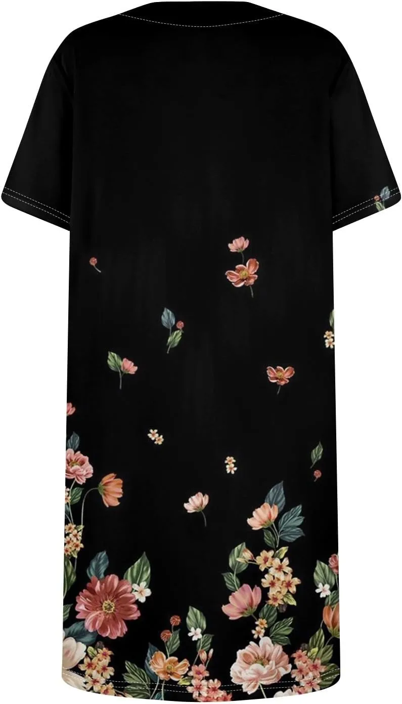 Women's Dresses Summer Square Neck Mini Dress Party Short Sleeve Flowy T-Shirt Dress for Women Cotton with Pockets