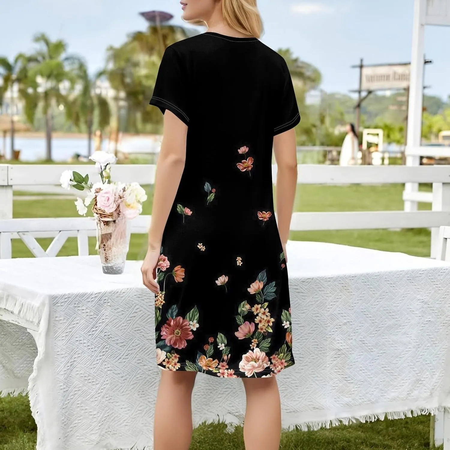 Women's Dresses Summer Square Neck Mini Dress Party Short Sleeve Flowy T-Shirt Dress for Women Cotton with Pockets