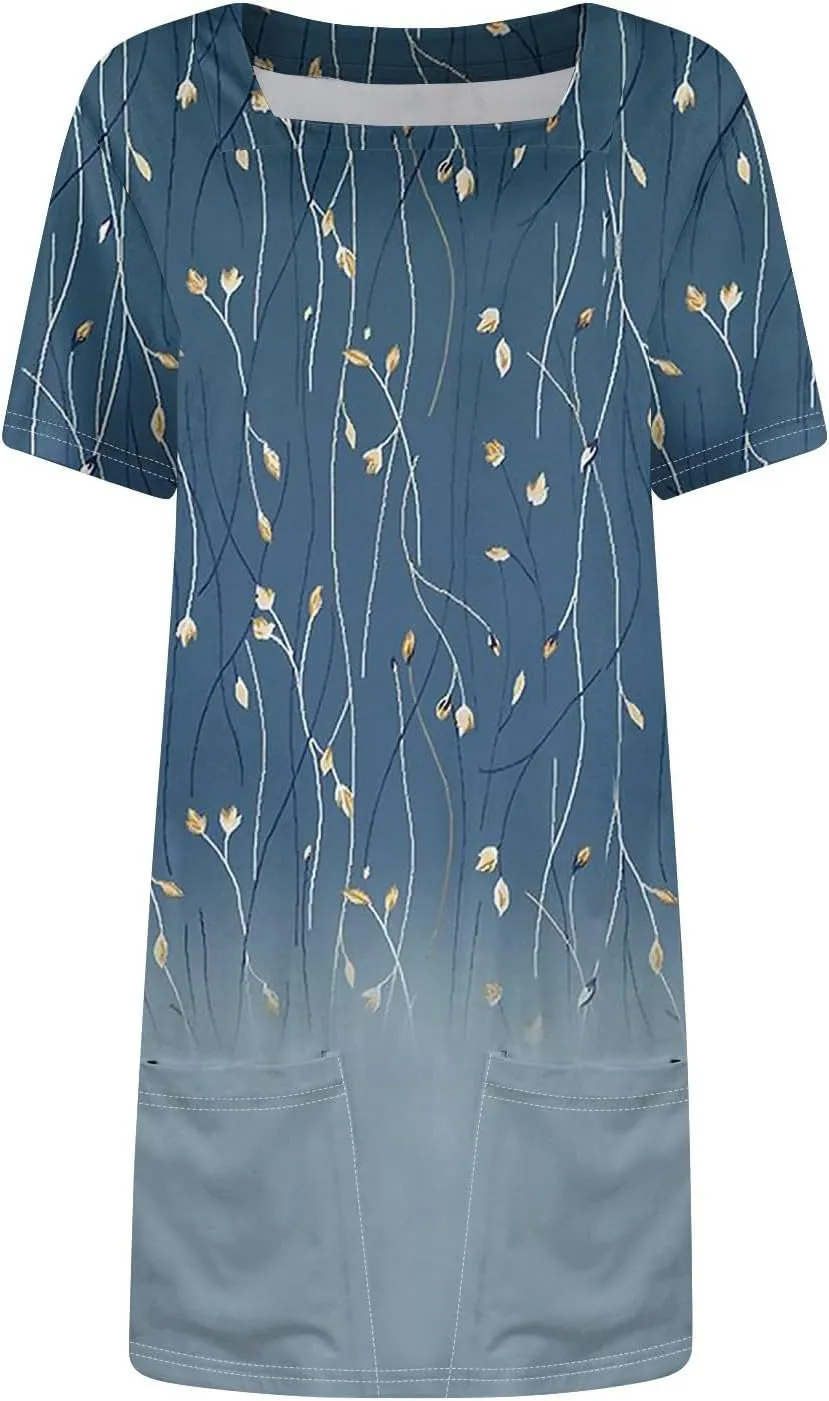 Women's Dresses Summer Square Neck Mini Dress Party Short Sleeve Flowy T-Shirt Dress for Women Cotton with Pockets