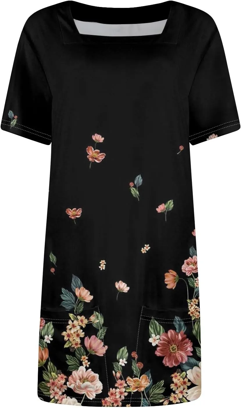 Women's Dresses Summer Square Neck Mini Dress Party Short Sleeve Flowy T-Shirt Dress for Women Cotton with Pockets
