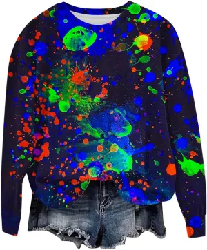 Women's Drop Shoulder Casual Pullover Sweatshirts Fashion Print Color Split Comfy Fall Trendy Outfits Clothes 2024