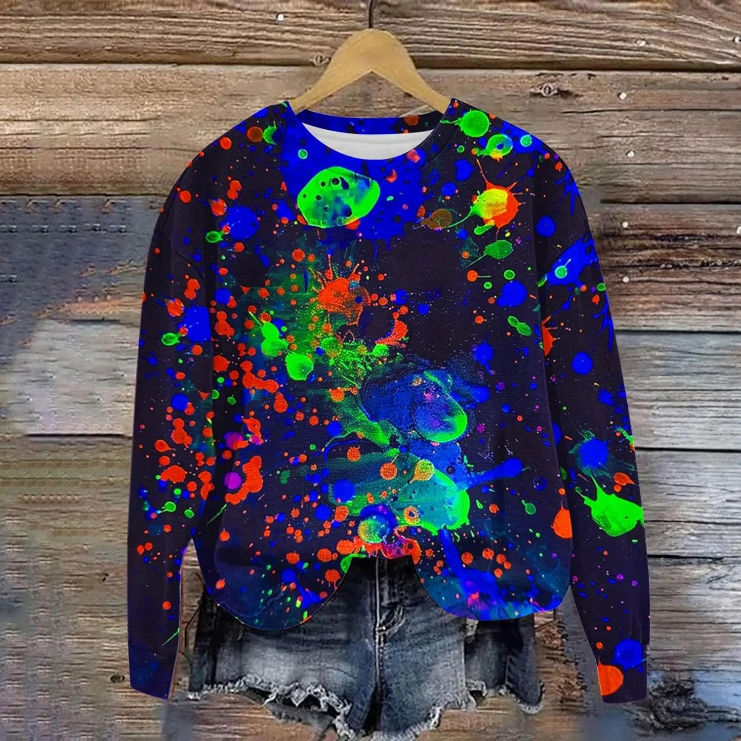 Women's Drop Shoulder Casual Pullover Sweatshirts Fashion Print Color Split Comfy Fall Trendy Outfits Clothes 2024