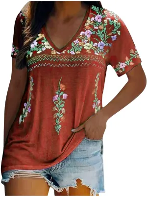 Women's Embroidered Tops Mexican Print Shirt V Neck Summer Casual Top Short Sleeve Tunic Tees Loose Blouses