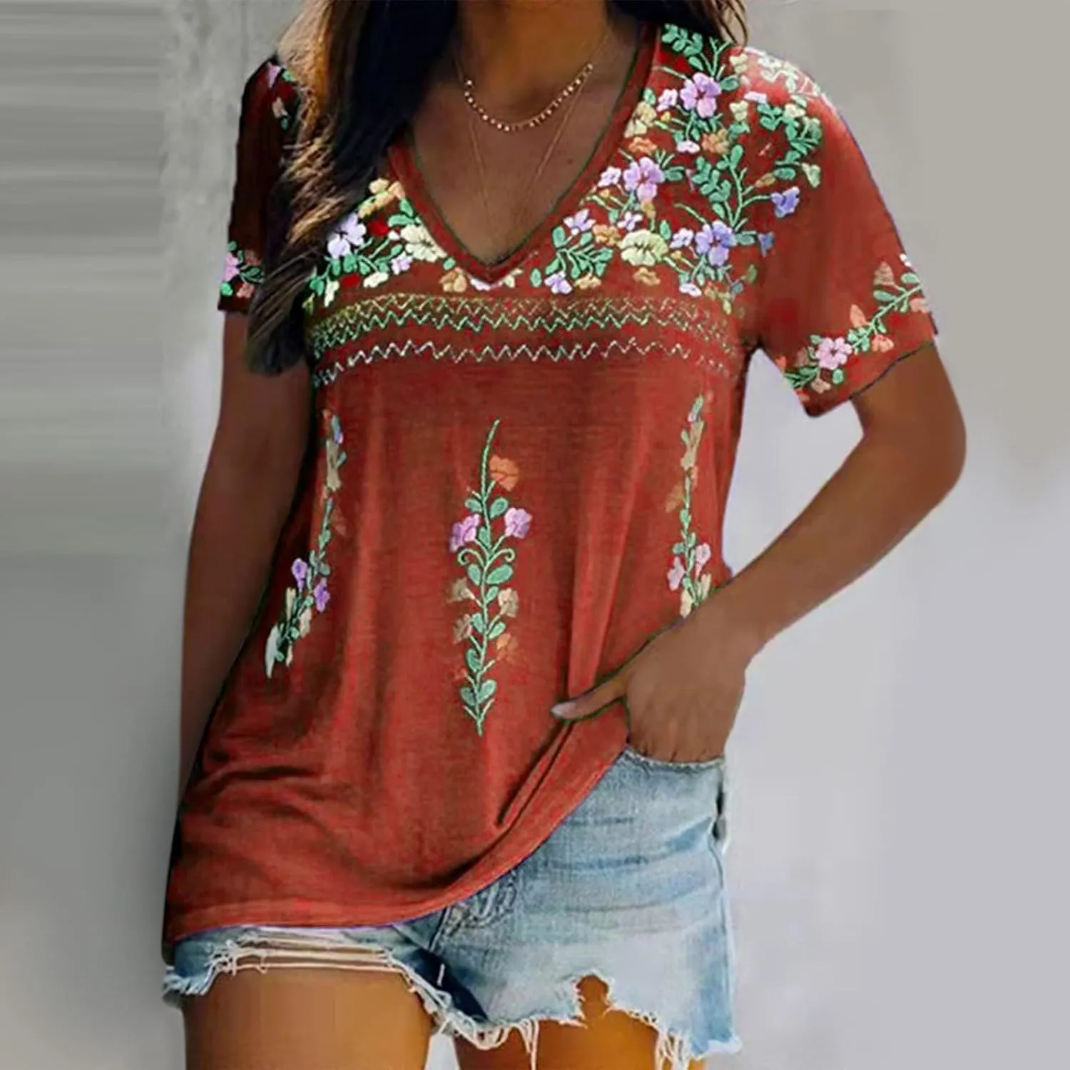 Women's Embroidered Tops Mexican Print Shirt V Neck Summer Casual Top Short Sleeve Tunic Tees Loose Blouses