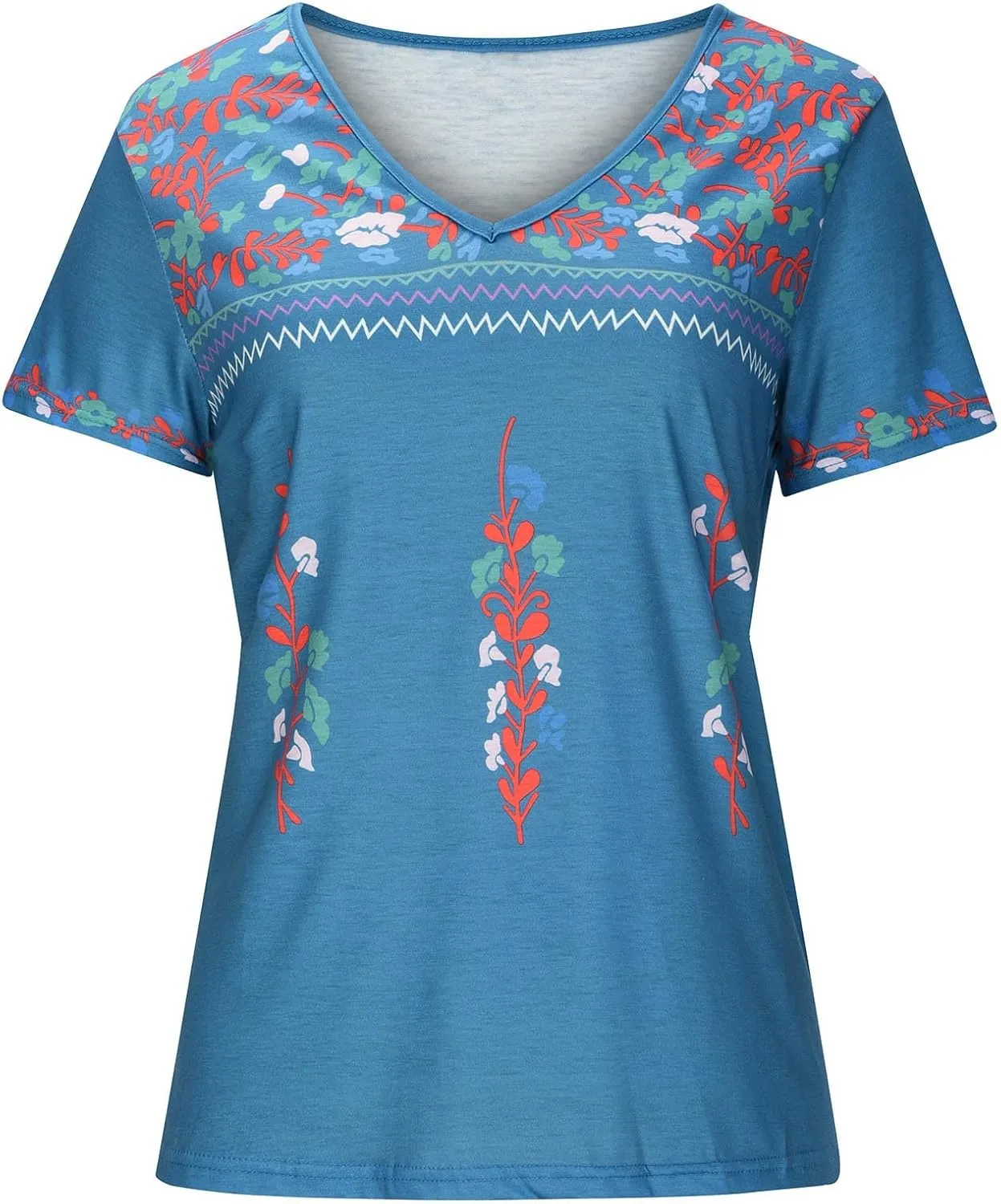Women's Embroidered Tops Mexican Print Shirt V Neck Summer Casual Top Short Sleeve Tunic Tees Loose Blouses