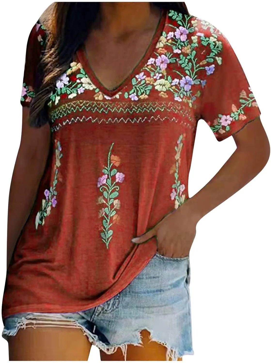Women's Embroidered Tops Mexican Print Shirt V Neck Summer Casual Top Short Sleeve Tunic Tees Loose Blouses