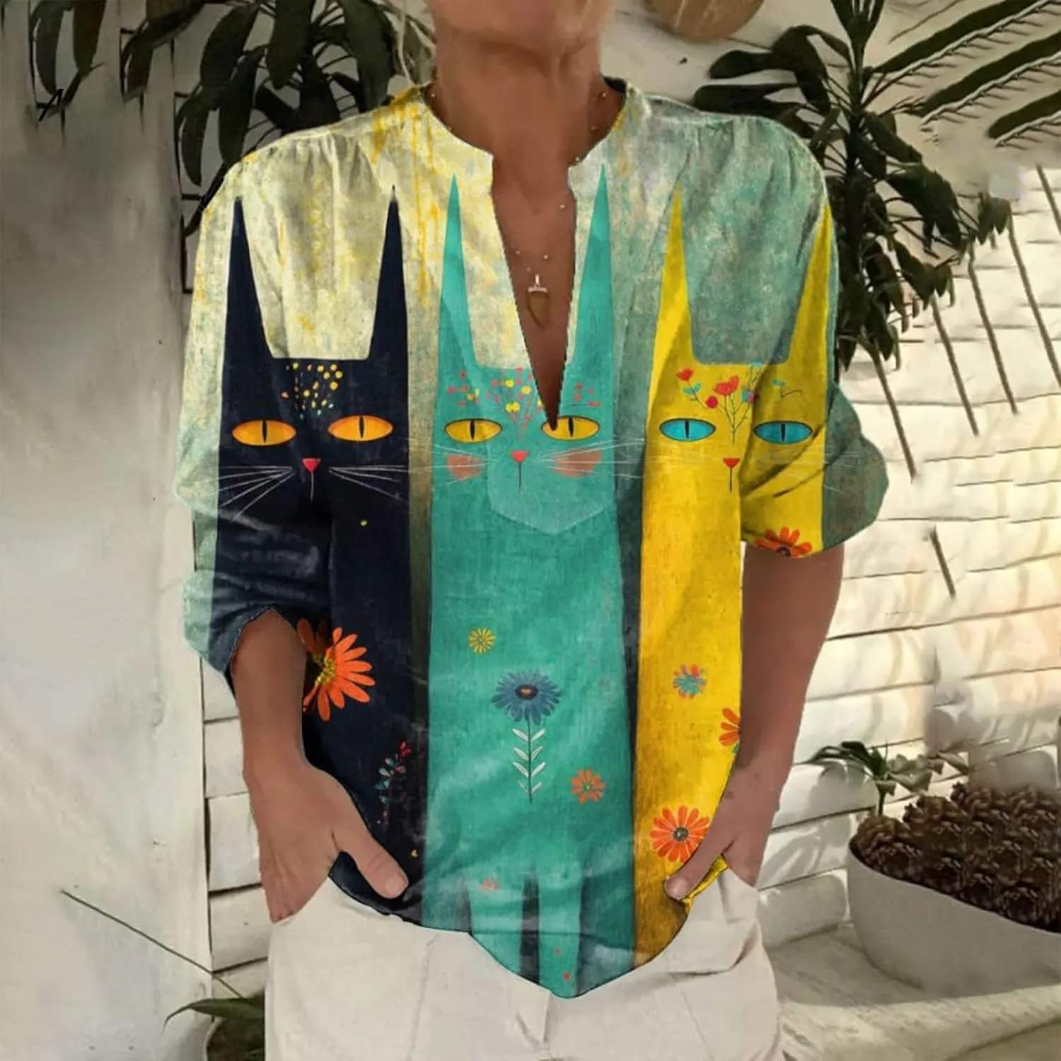 Women's Ethnic Linen Shirts Floral Print Button Down Shirt Fashion Lightweight Roll Up Sleeve Blouse Boho Shirts