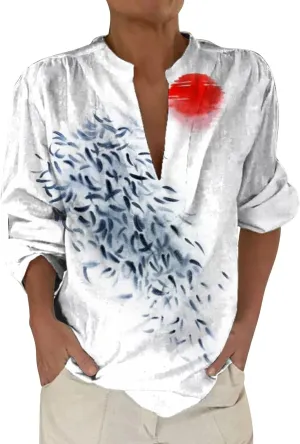 Women's Ethnic Linen Shirts Floral Print Button Down Shirt Fashion Lightweight Roll Up Sleeve Blouse Boho Shirts