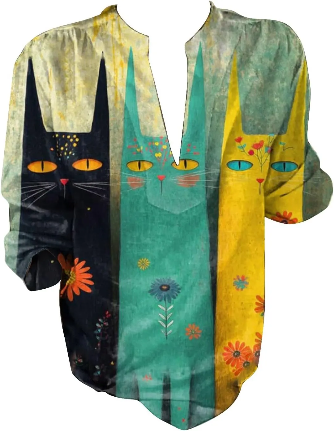Women's Ethnic Linen Shirts Floral Print Button Down Shirt Fashion Lightweight Roll Up Sleeve Blouse Boho Shirts