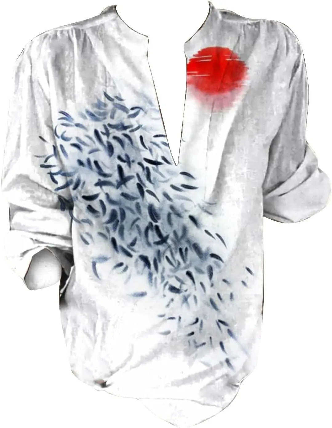 Women's Ethnic Linen Shirts Floral Print Button Down Shirt Fashion Lightweight Roll Up Sleeve Blouse Boho Shirts