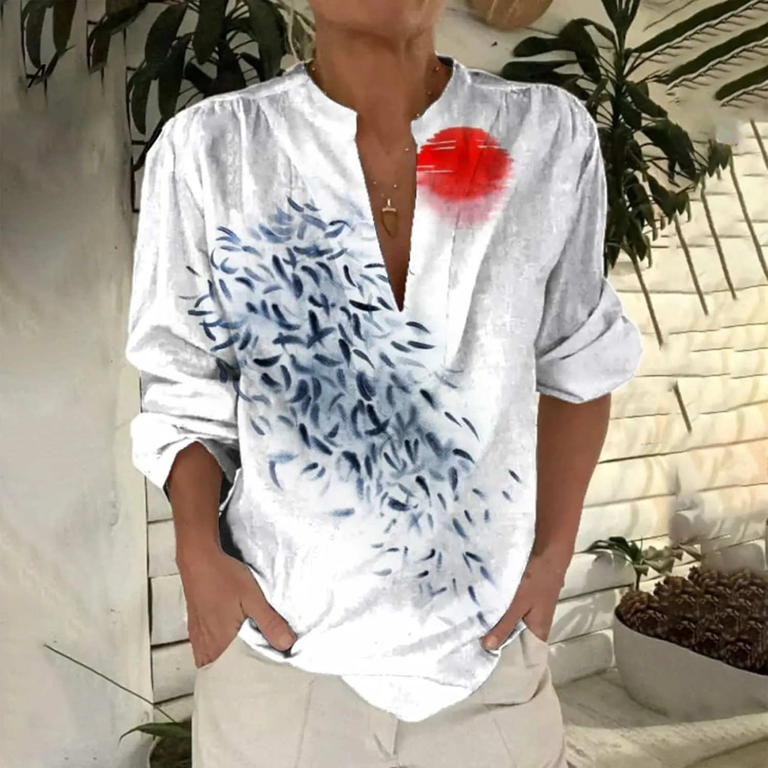Women's Ethnic Linen Shirts Floral Print Button Down Shirt Fashion Lightweight Roll Up Sleeve Blouse Boho Shirts