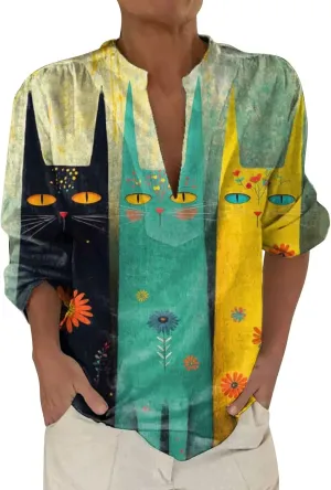 Women's Ethnic Linen Shirts Floral Print Button Down Shirt Fashion Lightweight Roll Up Sleeve Blouse Boho Shirts