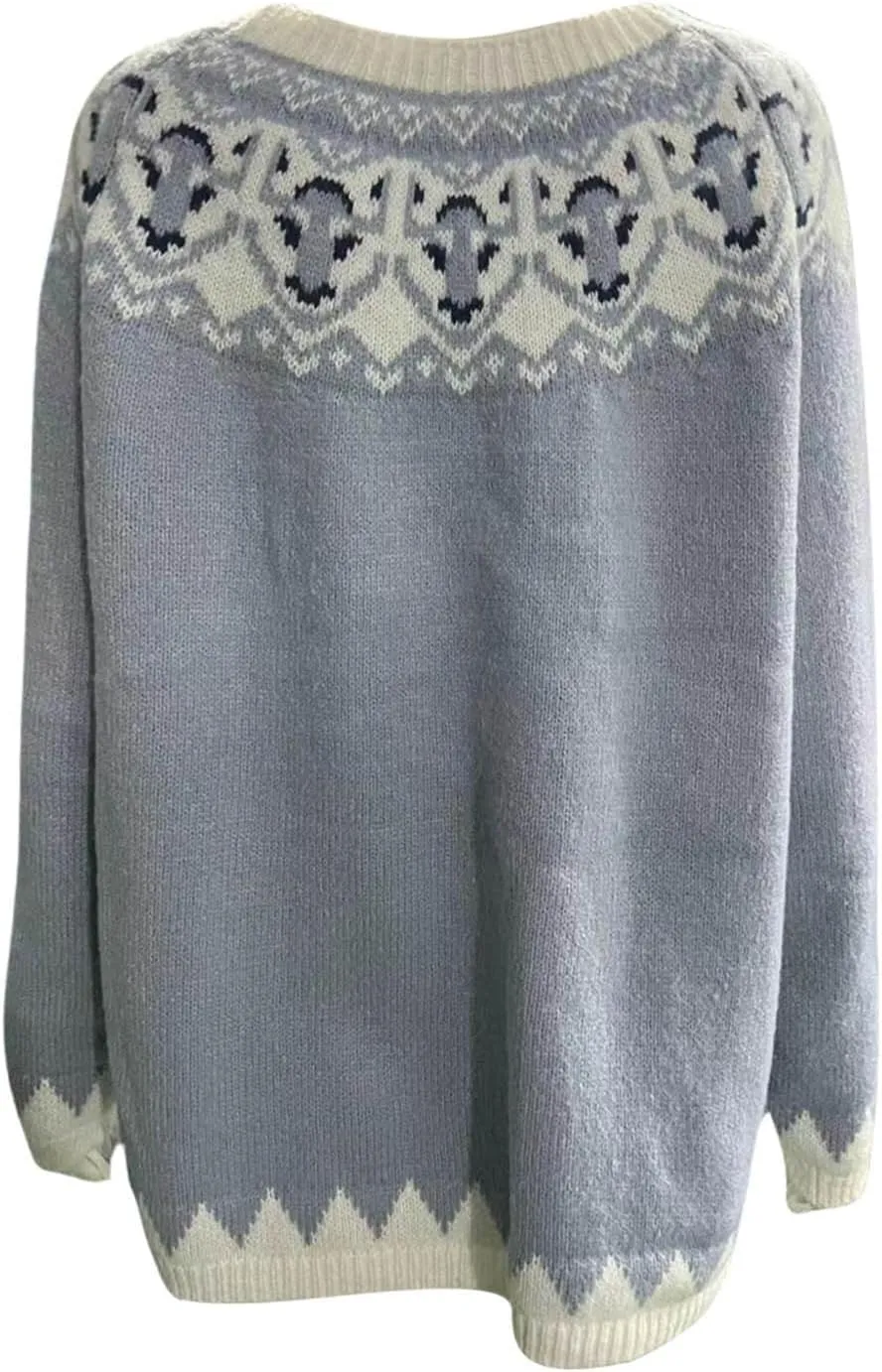 Womens Fair Isle Sweaters Vintage Long Sleeve Knitted Cashmere Tops Fall Winter Lightweight Warm Round Neck Sweater