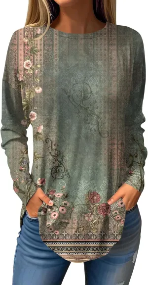 Womens Fall Tops Blouse Long Sleeve Round Neck T-Shirts Winter Ethnic Floral Tunic Tops Loose Fit Sweatshirt Trendy