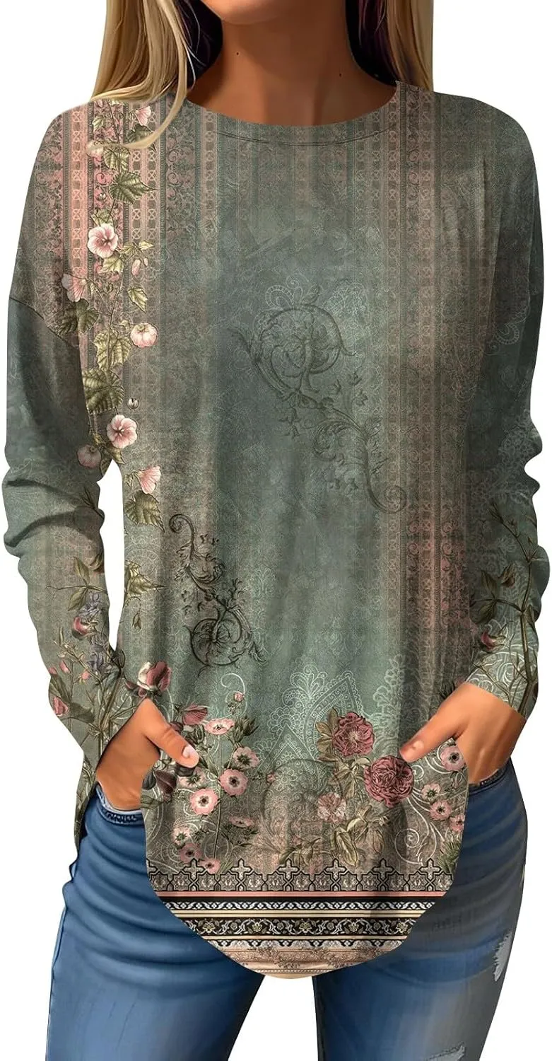 Womens Fall Tops Blouse Long Sleeve Round Neck T-Shirts Winter Ethnic Floral Tunic Tops Loose Fit Sweatshirt Trendy