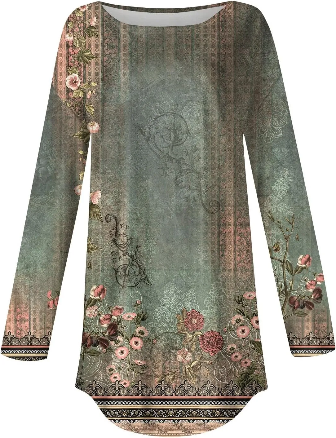 Womens Fall Tops Blouse Long Sleeve Round Neck T-Shirts Winter Ethnic Floral Tunic Tops Loose Fit Sweatshirt Trendy
