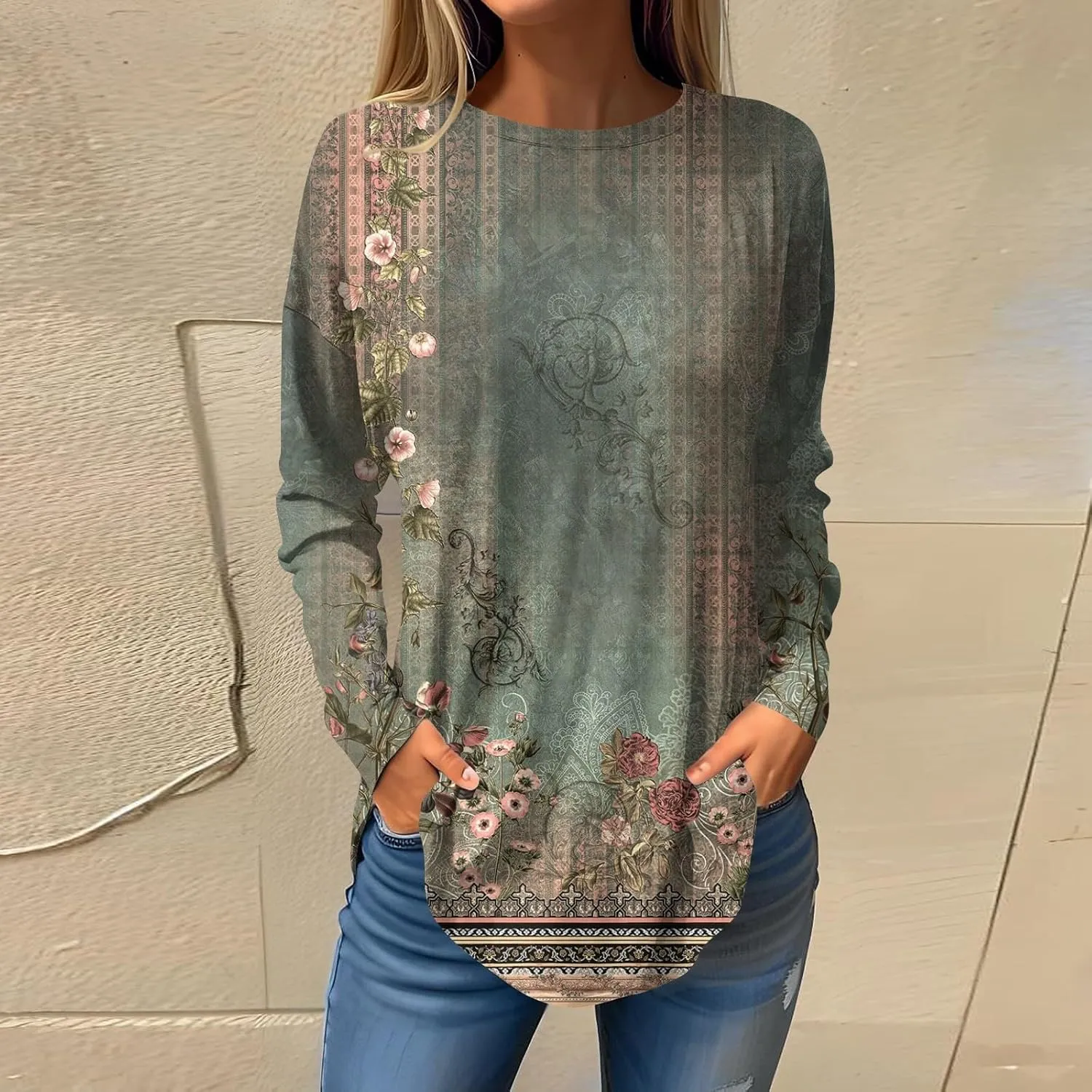 Womens Fall Tops Blouse Long Sleeve Round Neck T-Shirts Winter Ethnic Floral Tunic Tops Loose Fit Sweatshirt Trendy