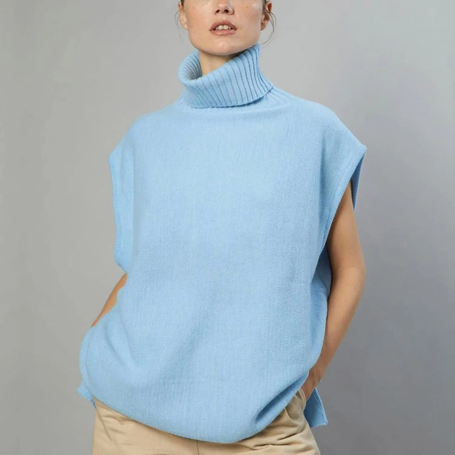 Women's Fashion Oversized Sleeveless Turtleneck Loose Pullover Tops Blouse Knitted Sweaters Split Hem Knitted Blouse