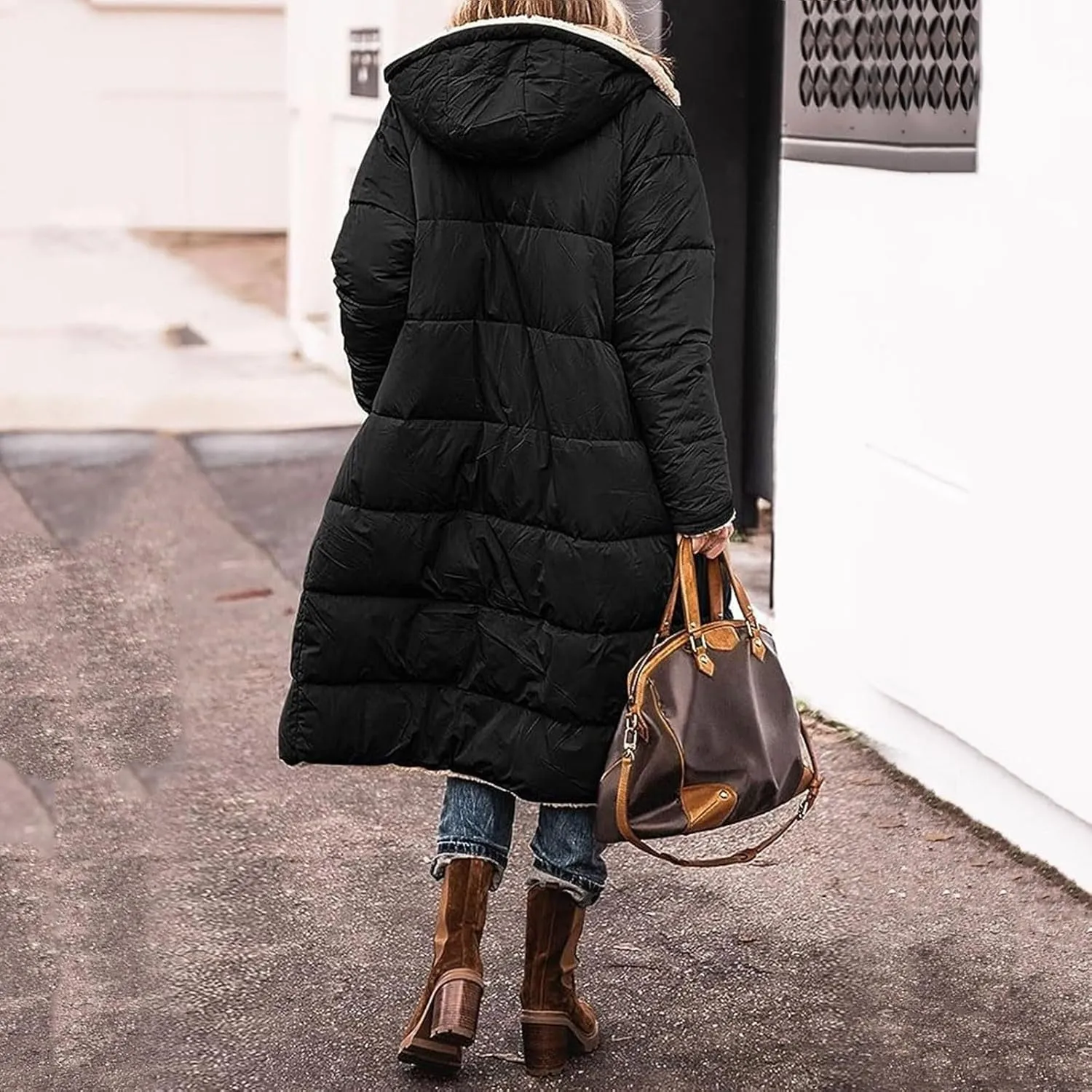 Womens Fashion Winter Down Coat Warm Casual Zip Up Puffer Jacket Fleece Hoodie Reversible Teddy Long Outdoor Outerwear